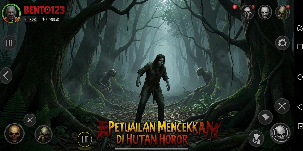 Screenshot utama BENTO123 menampilkan suasana hutan horor yang mencekam.