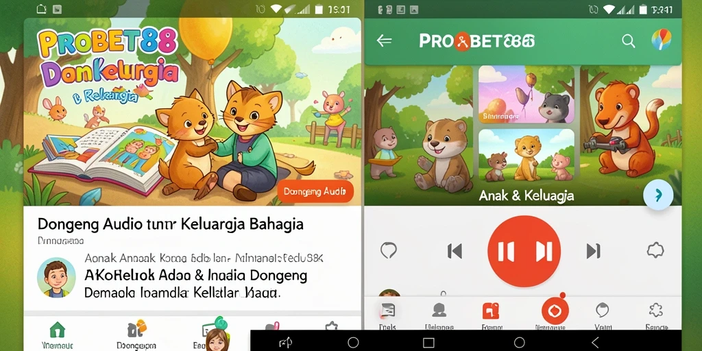 Tampilan antarmuka menarik untuk anak-anak dengan berbagai pilihan dongeng.