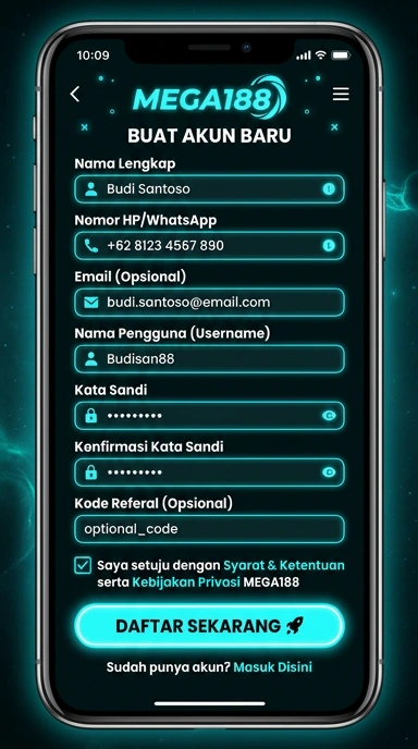 Tampilan halaman daftar mega188