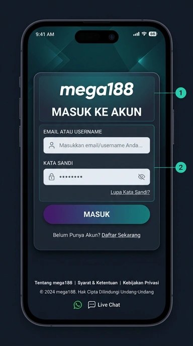 Tampilan halaman login mega188